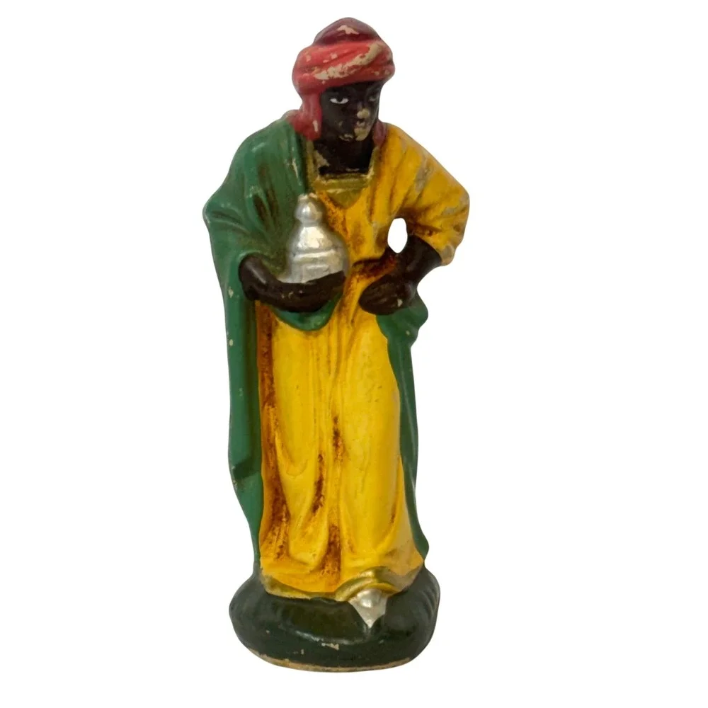 Vintage Nativity Wise Man Figurine Yellow Green Red‎ Chalkware King Magi